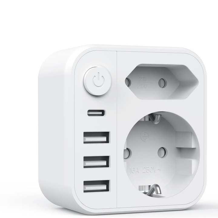 Priza multifunctionala, 250 V, 16 A, 4000 W, 3 porturi USB, 1 port USB-A, protectie de siguranta, alb