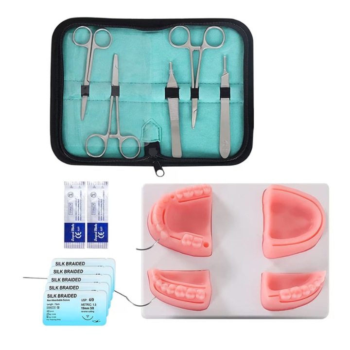 Kit de practica sutura dentara, Omelivon, 12 piese, 5 lame, 5 suturi, 5 instrumente, 4 tampoane de denti din silicon cu dinti detasabili, 1 geanta portabila, reutilizabil