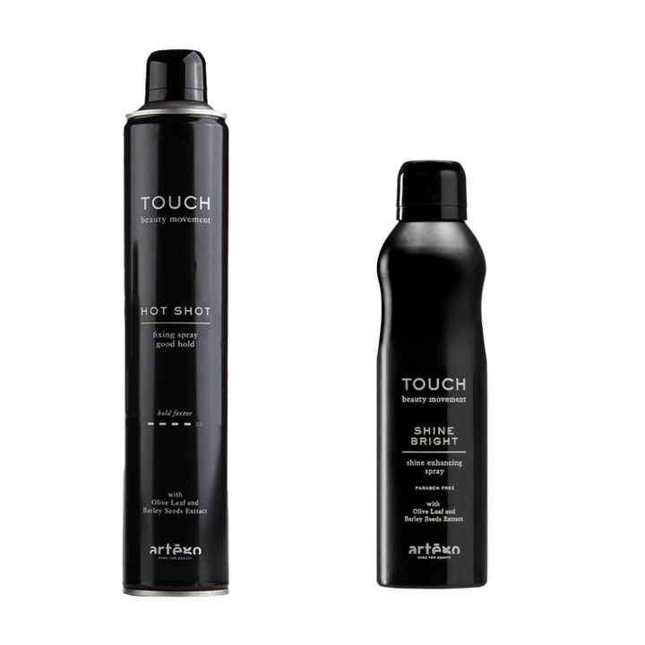 Set Profesional styling Artego Touch Finisare si fixare coafura, Fixative Hot Shot 500 ml, Shine Bright 250 ml