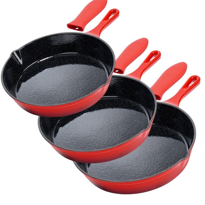 Set de tigai din fonta emailata de 20/25/30 cm cu capac din silicon CAST ENAMEL Vilde