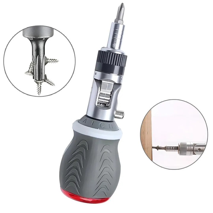 Set de surubelnite cu clichet orientabile – surubelnite cu cap rotund, flexibile(Include 8 capete de taiere), Ultrixe®, Gri