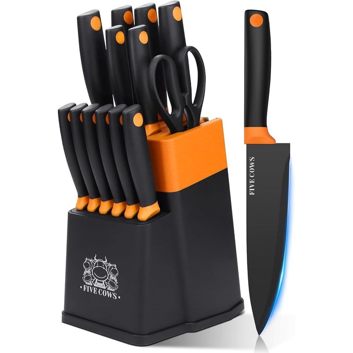 Set cutite de bucătărie FIVE COWS, 14 piese, bloc auto-ascutitor, negru, portocaliu