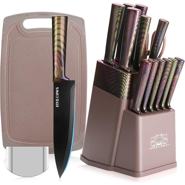 Set de 16 piese pentru cutite FIVE COWS, cu bloc auto-ascutitor, tocator, protector pentru degete, roz