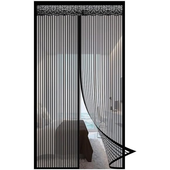 Plasa magnetica neagra pentru usa, perdea neagra pentru usa hands-free, autoetansare, ranforsata magnetic, plasa de fibra de sticla rezistenta, etansare. Potrivita pentru usi glisante, balcoane si dormitoare. 100 cm latime * 210 cm inaltime