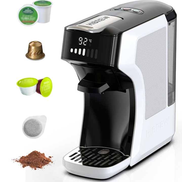 Espressor cu capsule 6in1 HiBREW H1C, Espresso multiplu cald/rece, 20 bar, 1450W, 600ml, Thermoblock, Compatibil cu capsule Nespresso, Dolce Gusto, KCup, ceai, plicurile ESE si cafea macinata, Alb