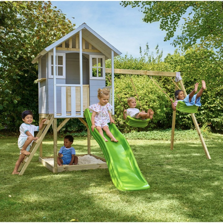 Casuta de gradina TP TOYS, Snowdrop Cottage, cu platforma cu loc pentru nisip, tobogan si leagan dublu, lemn, gri/maro/alb