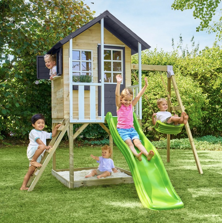 Casuta de gradina TP TOYS, Bluebell Cottage, cu platforma cu loc pentru nisip, tobogan si leagan simplu, lemn, negru/maro/alb
