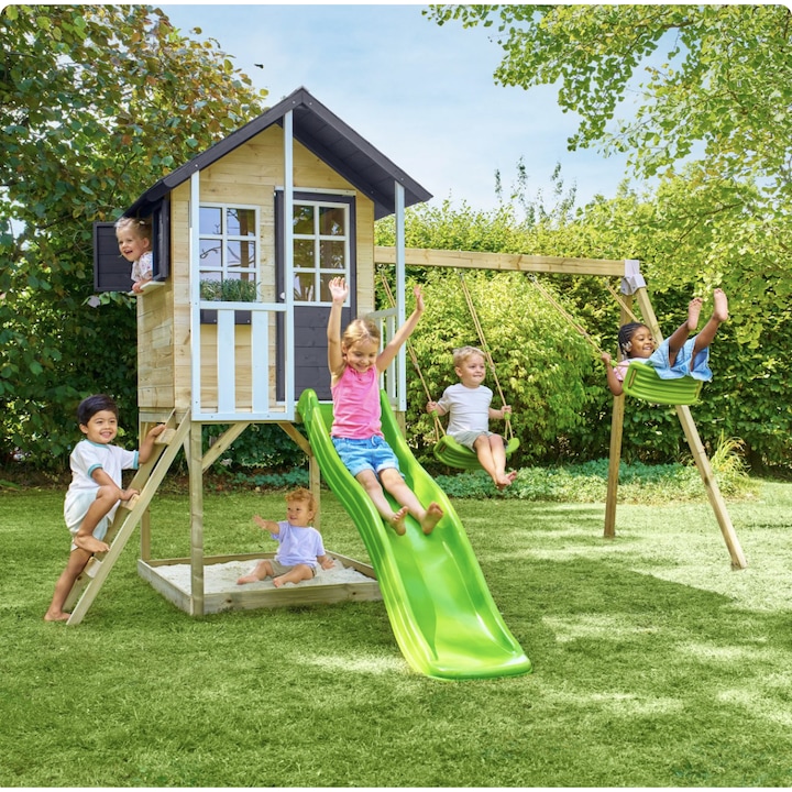 Casuta de gradina TP TOYS, Bluebell Cottage, cu platforma cu loc pentru nisip, tobogan si leagan dublu, lemn, negru/maro/alb