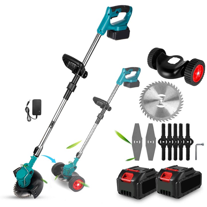 Motocoasa SIKS Electrica Cu Acumulator Si Roti, Pliabila, Fara Fir, Cu Disc, 2 Acumulatori 48V, 18000 RPM, Autonomie Mare, Putere 800W, 3 Tipuri De Lame De Taiere, Brat Ajustabil, 7 Accesorii Interschimbabile, ABS Si Metal, Roti Detasabile, Albastru