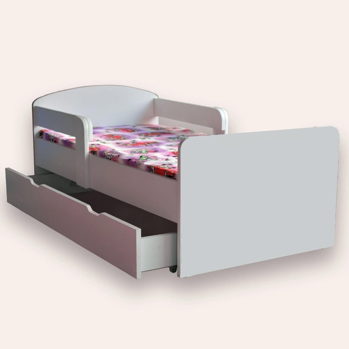 Pat mediu ALB cu sertar pe roti si saltea 140x70cm, 144x76cm