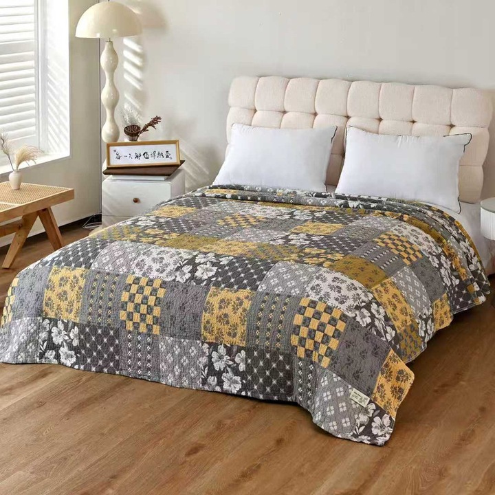 Patura multifunctionala, AuriCsatic, 100% bumbac, model bohemian, gri,200x230cm, usoara si calduroasa