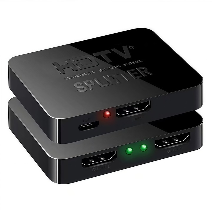 HDMI elosztó 1x2, 4K 30Hz, fém, USB tápellátású