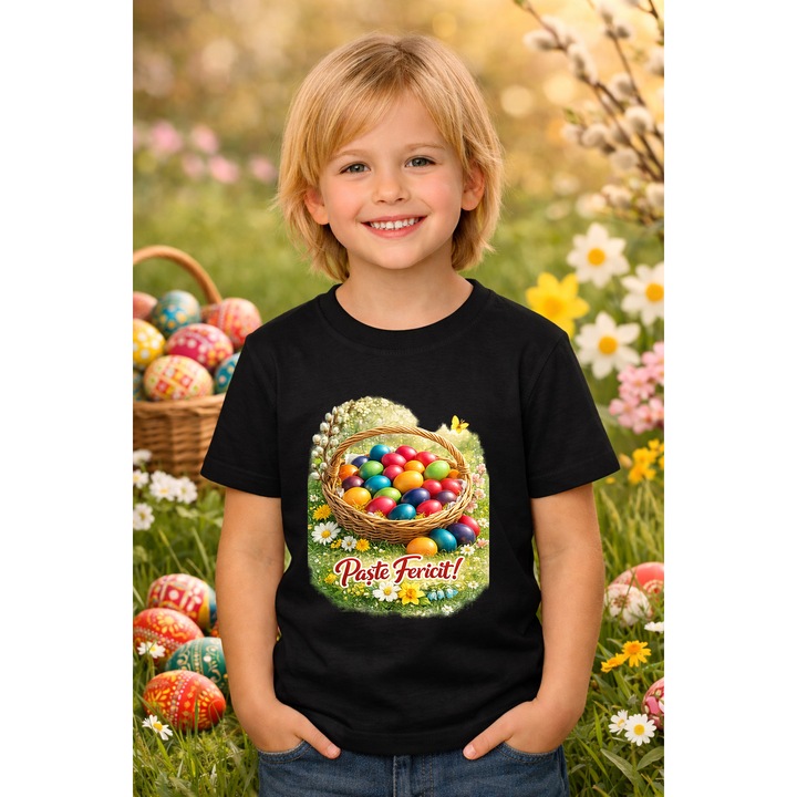 Tricou copii Paste fericit - tricou unisex din bumbac 100%, colectia Pasti, cu iepurasi Easter bunny pentru fete sau baieti 105943, Negru