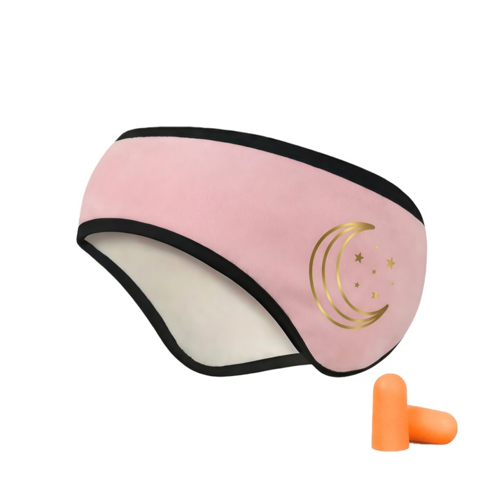 Masca de ochi si casti antifonice, roz cu stele si luna, fleece calduros