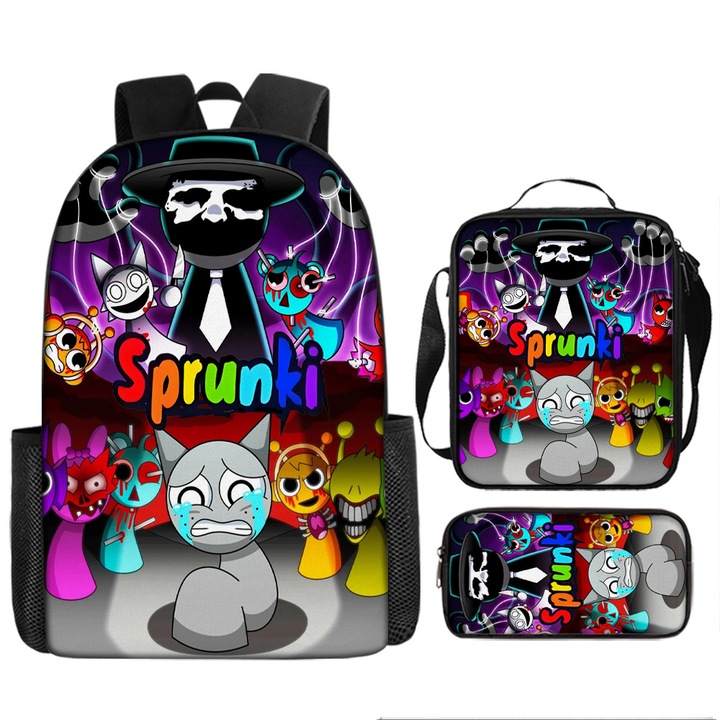 Ghiozdan pentru studenti cu tema Rhythm Box, set de 3 piese (ghiozdan 17 inch + geanta de pranz + penar pentru creioane), multicolor
