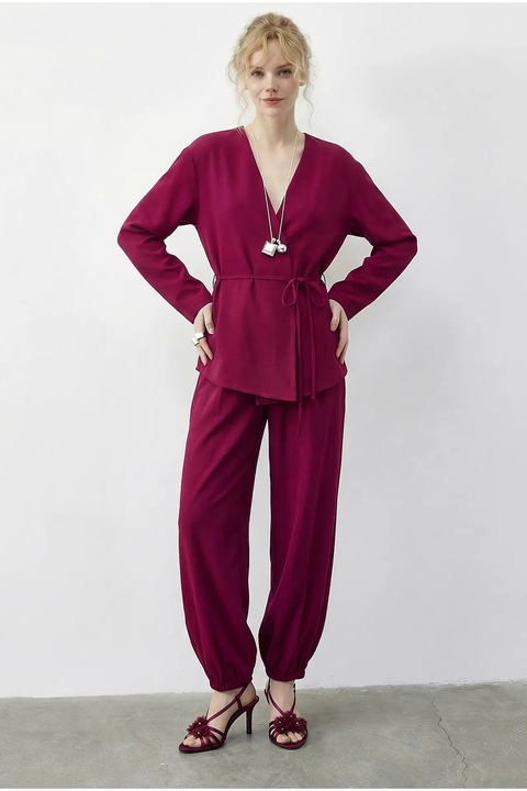 Compleu dama Bianco Lucci, bluza cu decolteu in V si pantaloni, roz magenta, textil, L INTL