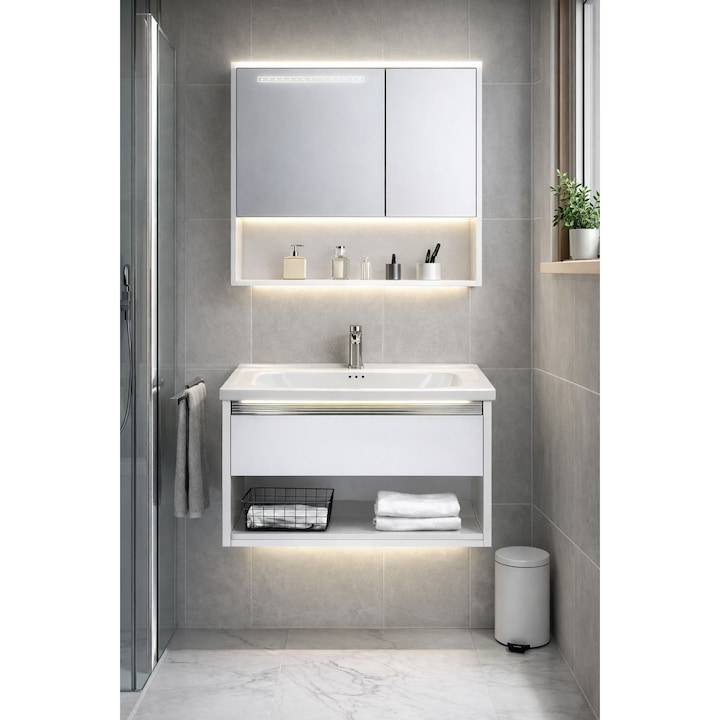 Set mobilier baie, suspendat, 60x47cm, sluminiu, sertar compartimentat, dulap oglinda 55x68x11cm, LED cu senzor, alb
