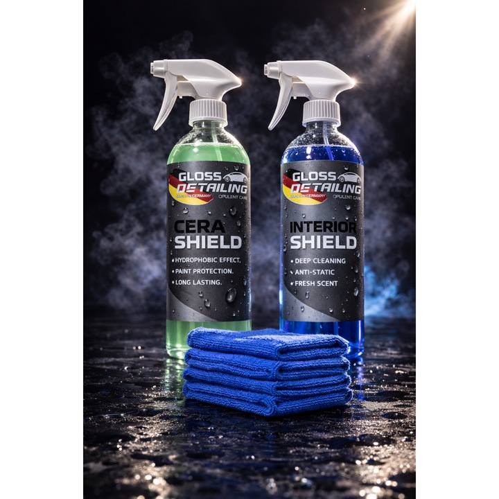 Set de Protectie Auto Completa Gloss Detailing, CeraShield si Interior Shield, 4 lavete din microfibra