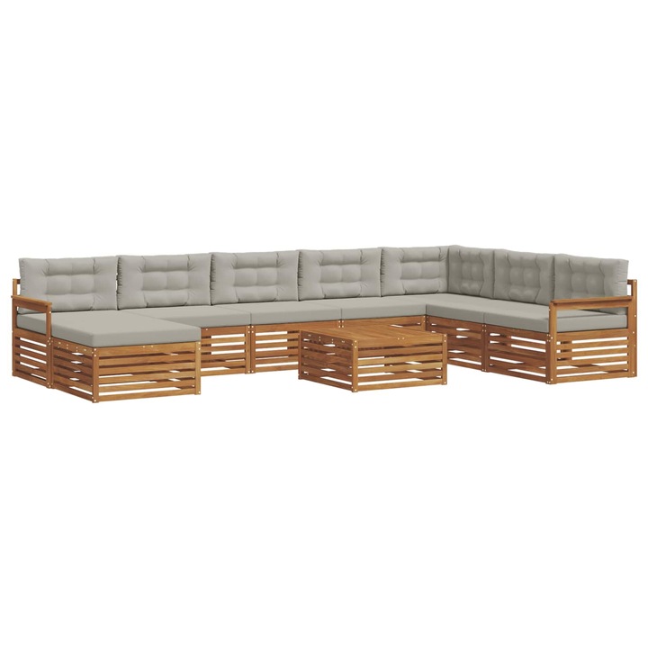 Set mobilier de grădină vidaXL, 9 piese, lemn masiv de acacia, gri natural, perne incluse