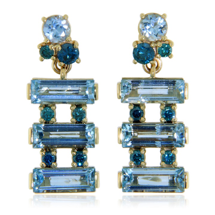 Cercei Aur 14K cu Acvamarin și Diamante Albastre Naturale, model Unicat, Tija și Fluturas