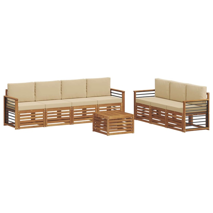 Seturi de canapele 8 pcs Natural si Bej Lemn Solid de Acacia