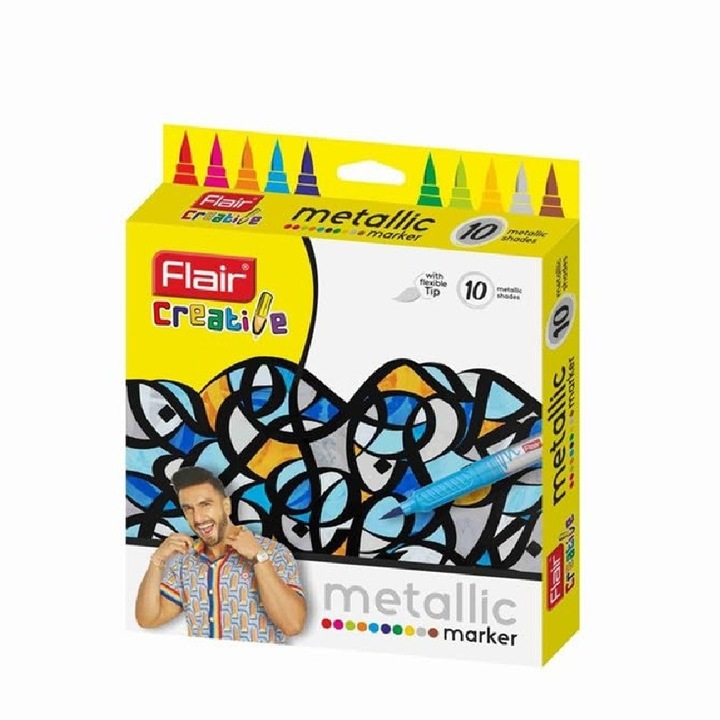 Set 10 carioci metalizate, Flair, vârf tip pensulă, multicolor