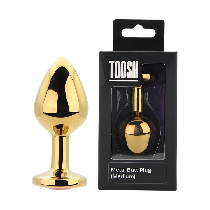 Plug anal Toosh Gold Metal cu piatră roșie, mediu, suprafață netedă, 8.2cm