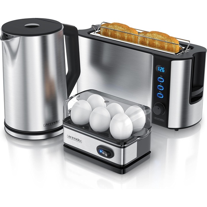 Set electrocasnice Arendo 3 in 1, Fierbător 1.5 L 2200 W, Toaster 2 felii 1000 W, Egg Cooker 6 ouă, Oțel inoxidabil, Silver