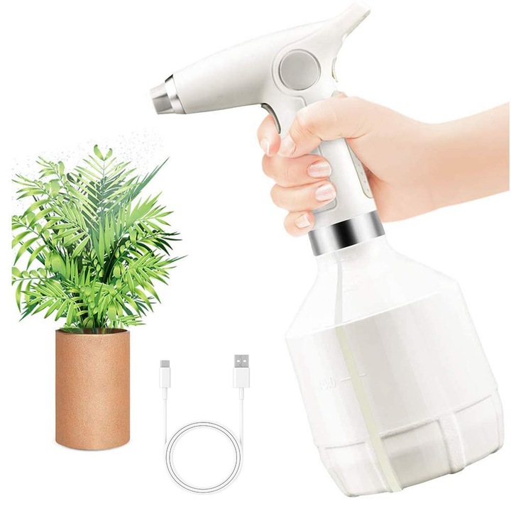 Pulverizator electric de gradina, Bedee, Aspersor automat, incarcare USB, duza rotativa, 1000ml, Poate fi folosit pentru udarea plantelor, curatarea articolelor de uz casnic, racorirea animalelor de companie si spalarea masinilor, Alb