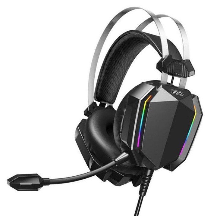 XO-GE07 gamer fejhallgató RGB fényekkel, körirányú mikrofonnal, USB + AUX csatlakozással, 2.2m kábellel, sztereó basszussal, fekete