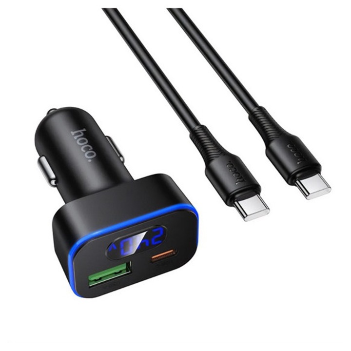 Hoco z63b autós töltő type-c+usb aljzat, 60w, pd gyorstöltő 3.0, led kijelző + type-c kábel, fekete