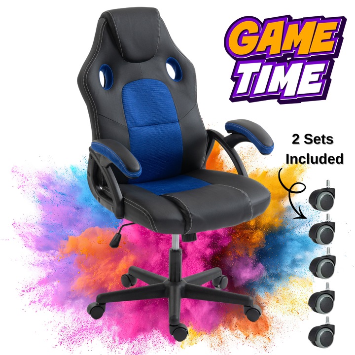 KD Home® Prime Starter Gyermek Irodai és Gamer Szék, 2 Kerékszett Tartozékkal, Műbőr, Akár 140 kg-ig, Dönthető Mechanizmus, Fekete/Kék