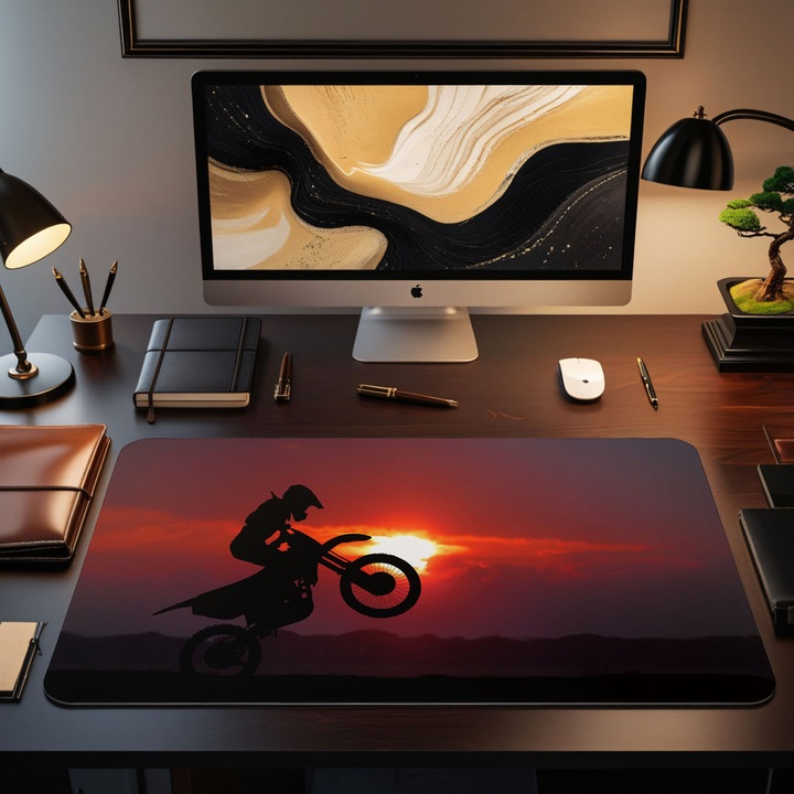Mousepad Mare Deskmat Motocross motorcycle stunt silhouette sunset 800x400x4 mm margini cusute Oktane