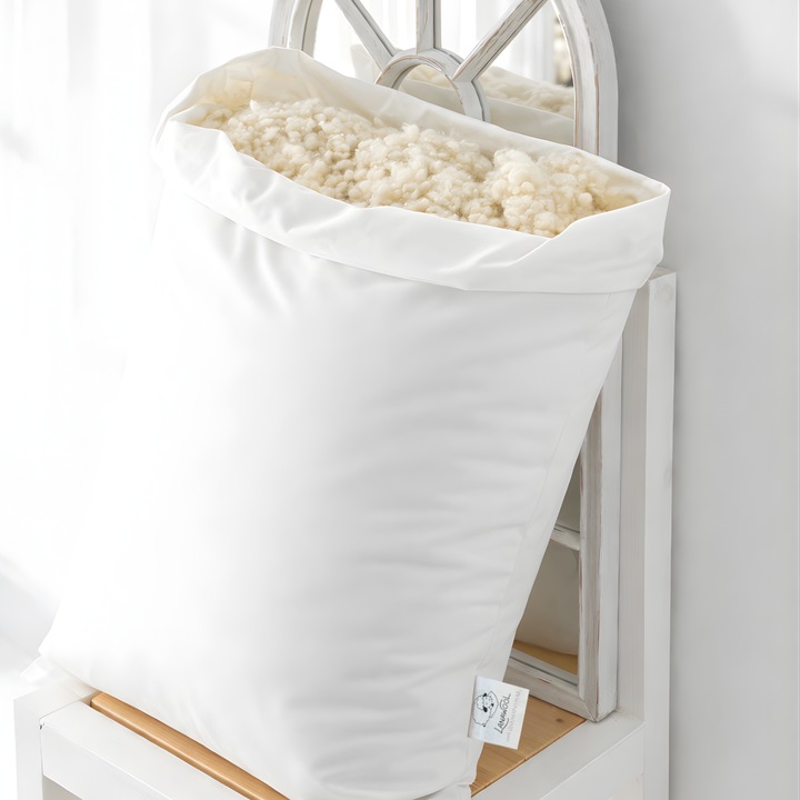 Perna Lana Merino 100% LanaWool 50x70 cm Fermitate Medie 700 g Exterior Bumbac OekoTex Clasa 1 cu Fermoar, Alb