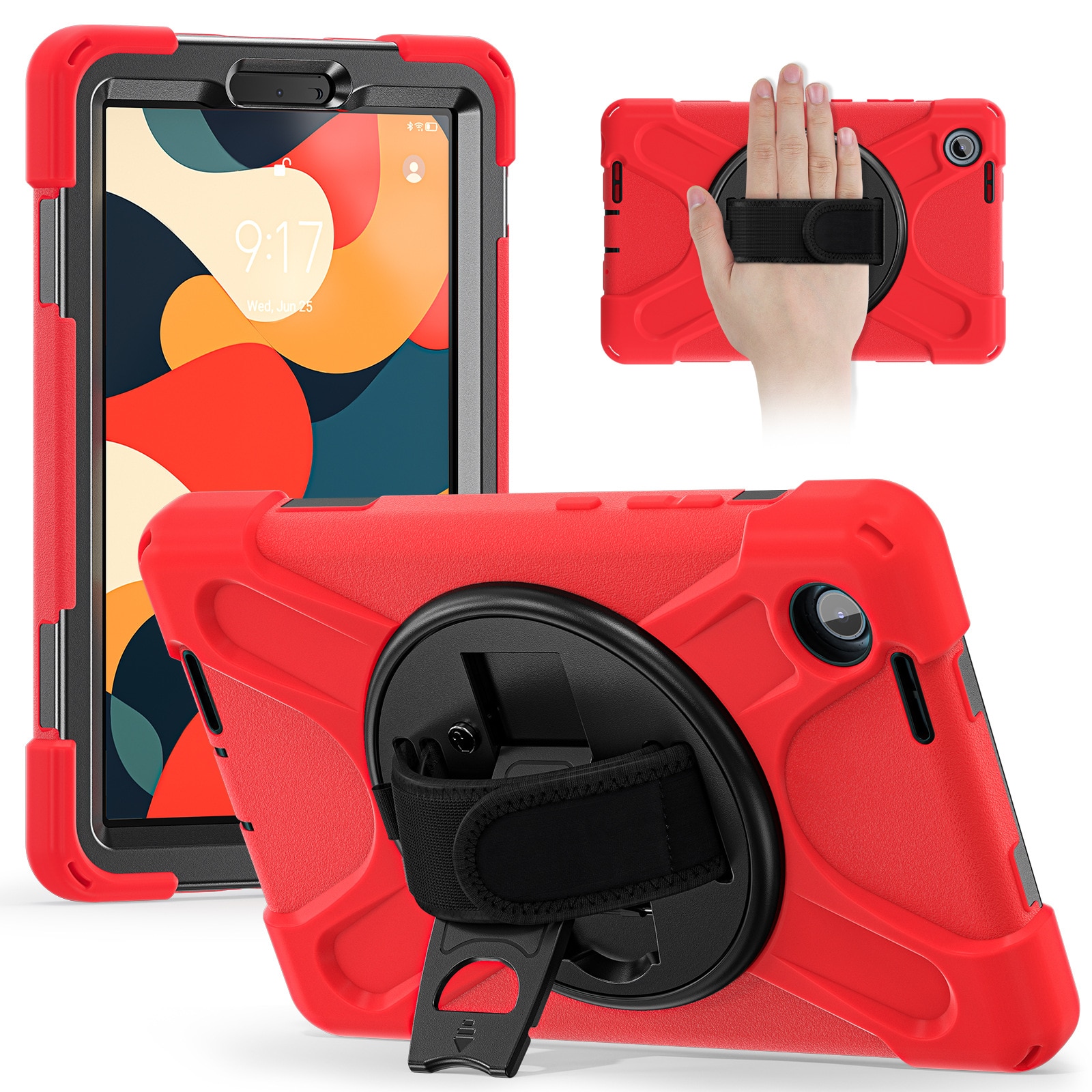 Husa tableta, Lenovo Tab One 8.7-inch 2025 TB336FU, rosie, material plastic si silicon, protectie socuri, suport rotativ 360°
