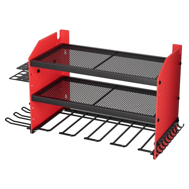 Fali szerszámrendező, VEVOR, 3 szintes, 4 fúrótartó, matt piros, 592x220x305mm