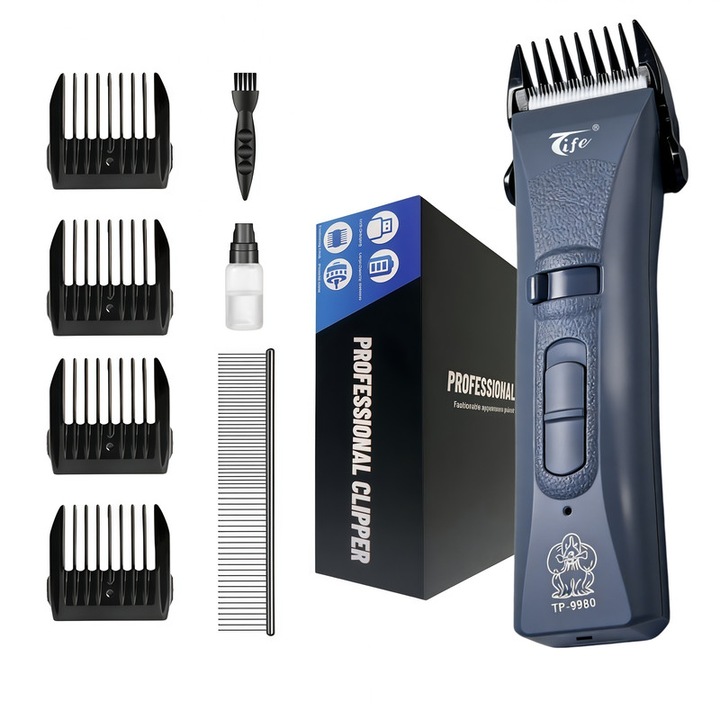 Masina de tuns animale, Tife®, TP Series, pentru caini, pisici si cai, Acumulator trimmer 4400mAh, Cablu incarcare USB, 7000RPM, Silentioasa, Fara fir, Ghid aparat de tuns animale, Albastru cenusiu