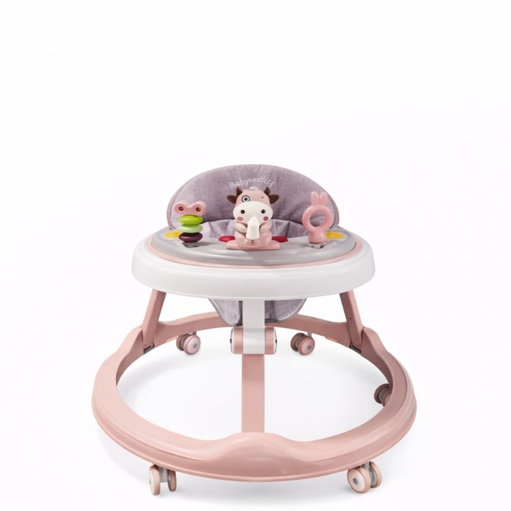 Premergator Bebe Pliabil Mixbo, 6-18 Luni, Reglabil pe 6 Niveluri, cu Centru de Activitati Model Vacuta, Roz/Gri