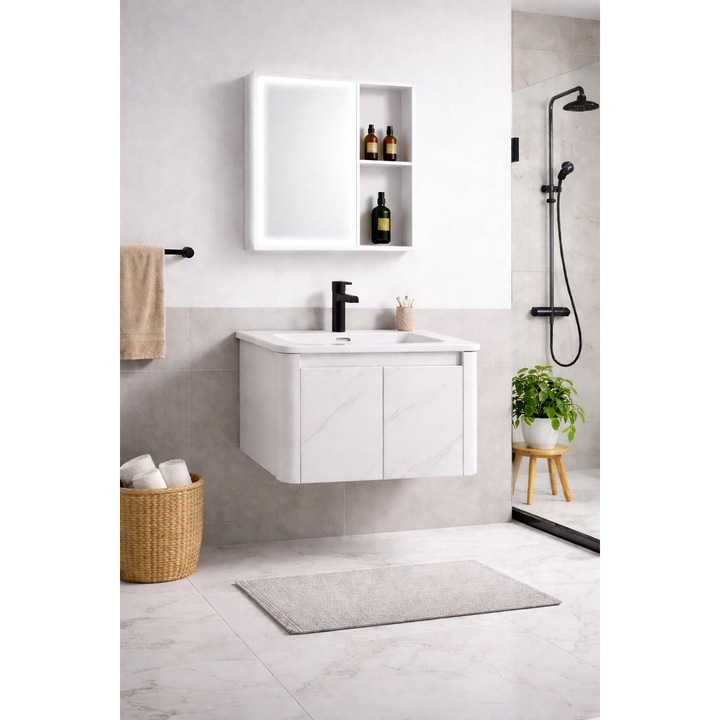 Set mobilier baie, suspendat, lavoar inclus, 70x46x41cm, aluminiu, dulap de baie cu oglinda LED, 65x68x11cm, 3 culori lumina, functie dezaburire, alb marmorat