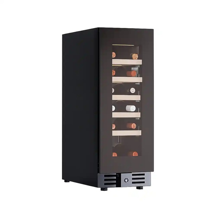 Racitor de vin incorporabil premium KlimaItalia, 19 sticle, 30x82 cm, tehnologie cu compresor, racire ventilata, 5 rafturi lemn natur, temperatura reglabila 2-20°C, dezghetare automata, raft special lichior/ciocolata, iluminare LED, protectie UV, negru