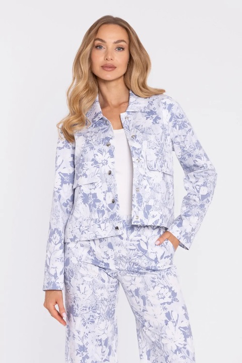 Jacheta scurta, MOE, imprimeu floral, guler clasic, Alb/Albastru