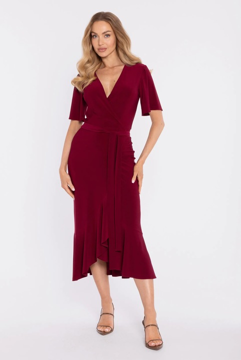 Rochie midi plic cu volan si incretit - negru, Visiniu