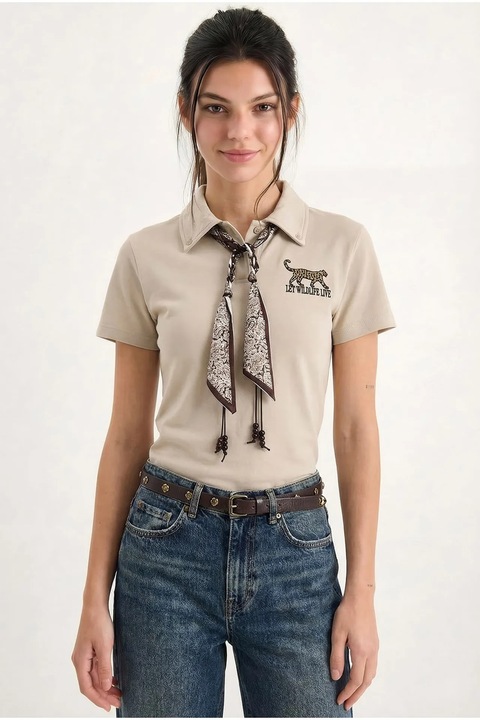 Tricou polo dama Bianco Lucci, broderie si imprimeu, bej natural, bumbac-elastan