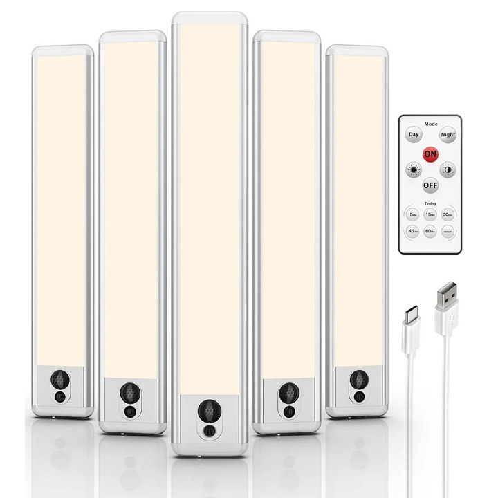 Spoturi LED EZVALO, iluminare sub dulap cu telecomandă, senzor de mișcare, 23cm, set de 5 bucăți