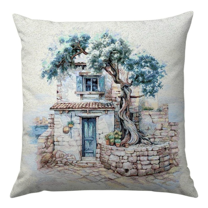 Fata de perna tip goblen, model maslini Mykonos, 45x45 cm