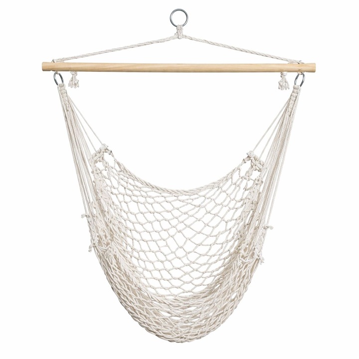 Scaun Leagan Suspendabil Macrame Bej, Ø100x120 cm, Hamac Tip Fotoliu din Bumbac pentru Balcon, Gradina sau Interior, Suporta 120 kg