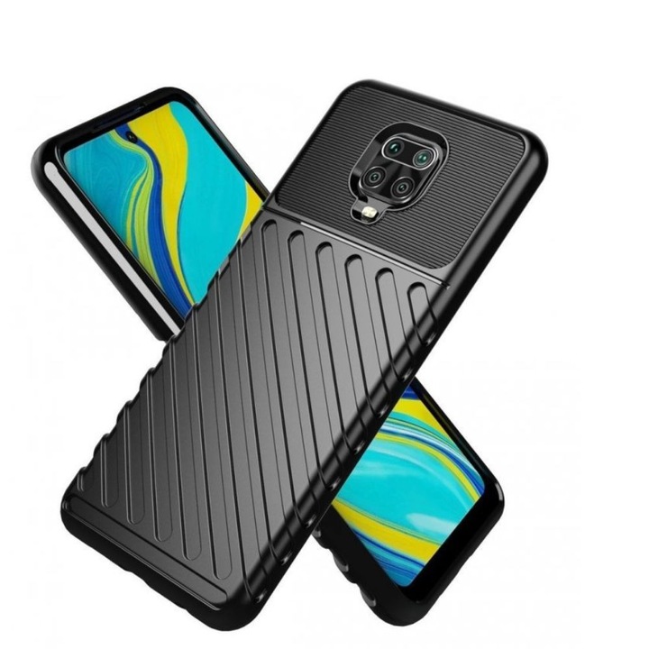 Husa Carbon Design, pentru Xiaomi Redmi Note 9 Pro, rezistenta la socuri, Shield Thunder, Negru