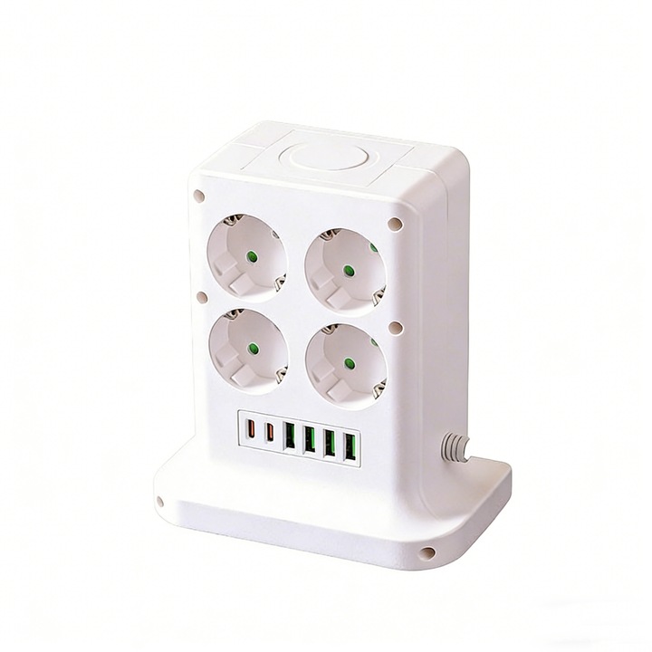 Priza verticala, cu mai multe prize, standard european, USB fara fir, 2 metri, 2 randuri, 14 prize, alb