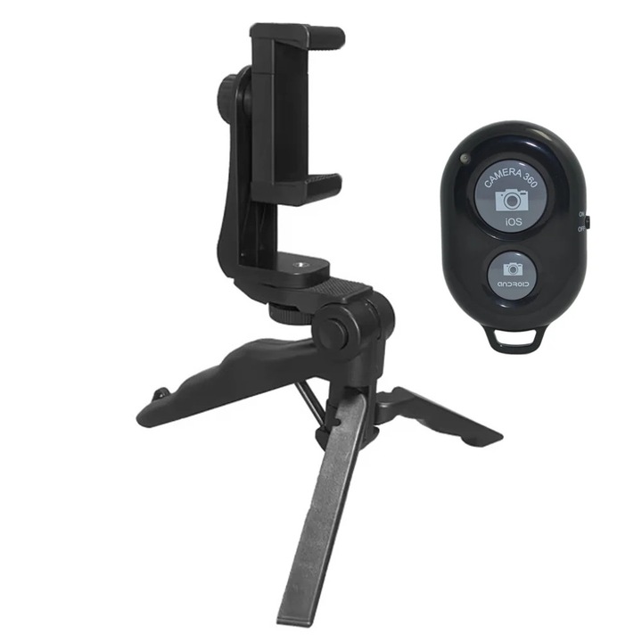 Suport telefon rotativ cu trepied 2 in 1 tip pistol, suport smartphone cu prindere cu arc deschidere 8 cm, montura 1/4 inch, pliabil, pentru streaming si vlogging
