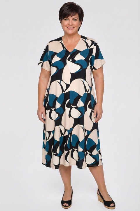 Bézs ruha fekete és zöld mintával